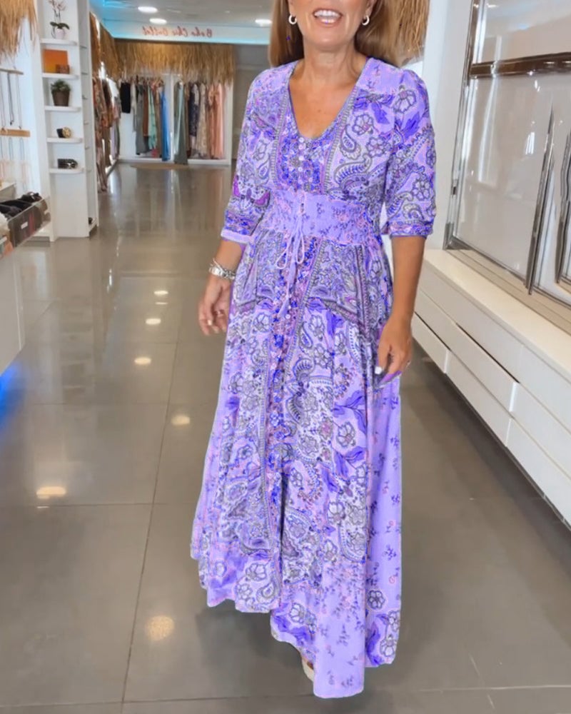 Robe de vacances à col en V et manches 3/4