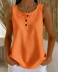 Crew Neck Sleeveless Waffle Button Tank Top
