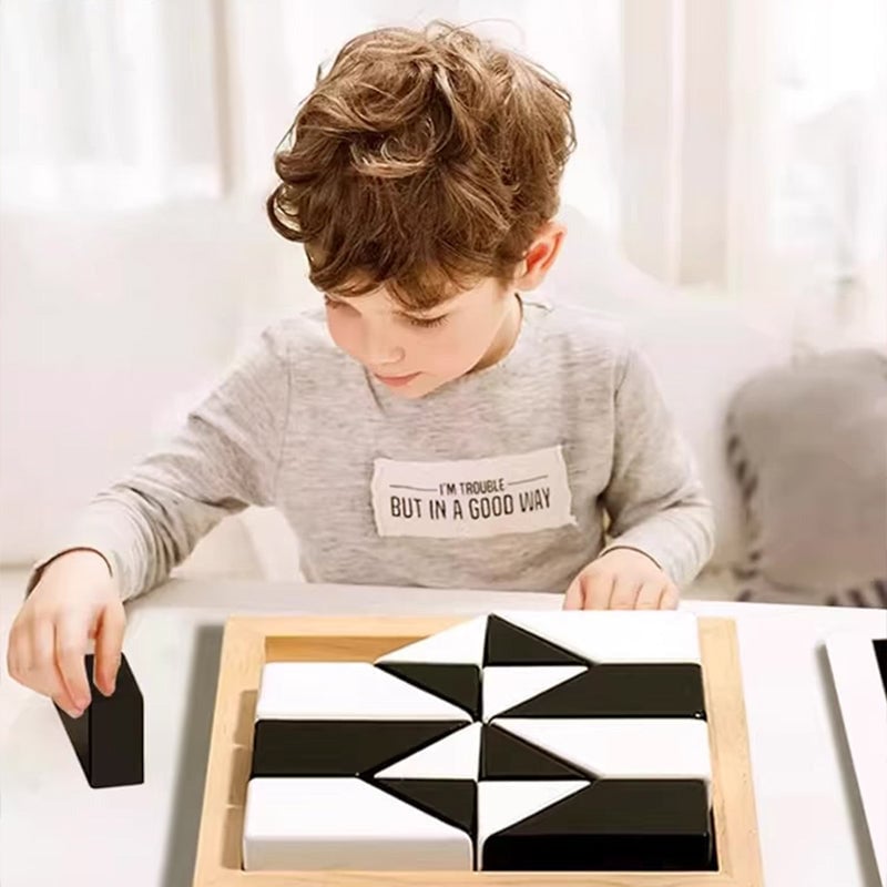 Puzzle géométrique en bois avec blocs cachés et plateau de rangement