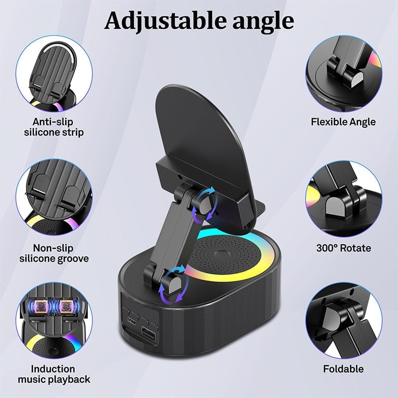 360° Adjustable Phone Stand with Built-in Bluetooth Speaker