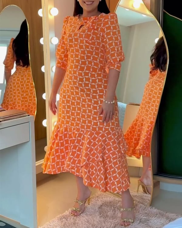 Robe Manches Mi-longues Col Rond Imprimé Taille