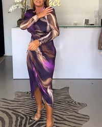 V-neck long sleeve slit dress