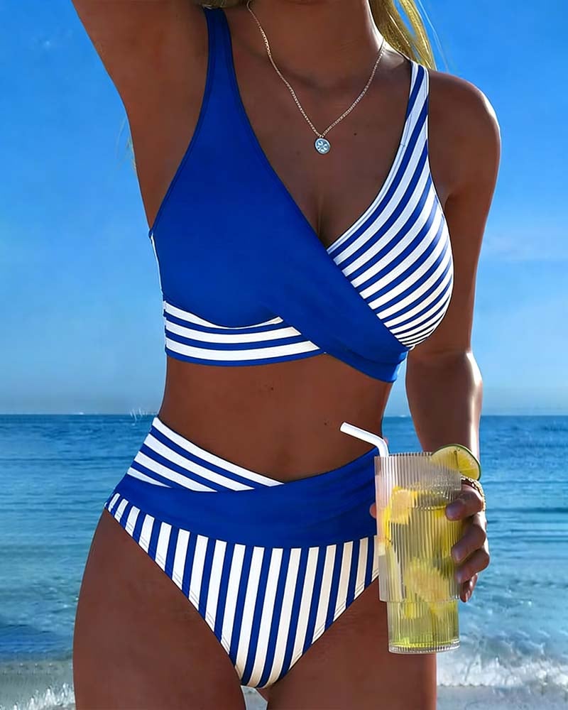 Striped V-neck bikini set front view