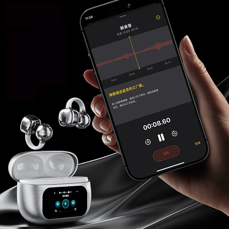 Clip-On Ear LCD Full Color Touch Screen Audio Wireless Headphones