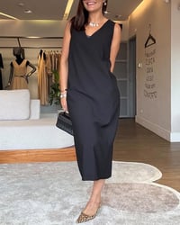 Jurk casual v-hals mouwloos effen kleur split