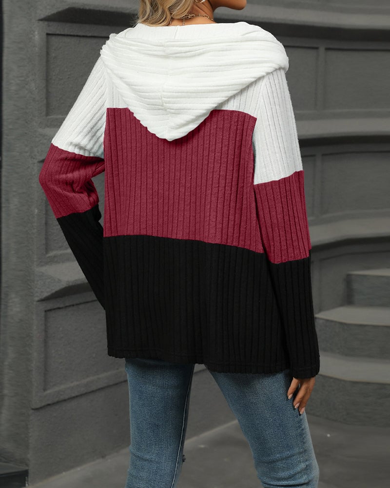 Contrast color zipper ribbed casual hoodie