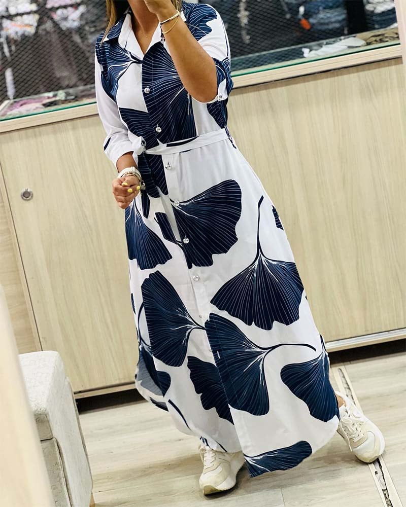 Casual ginkgo leaf print buttoned lace-up dress