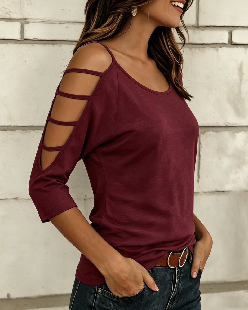 Solid Color Elbow-Length Sleeve Off-Shoulder T-Shirt