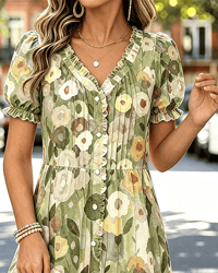 V-Neck Button Bubble Sleeve Dress