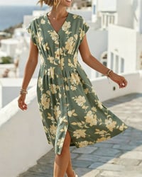 Kleid V-Ausschnitt Print Tailliert Knopfleiste