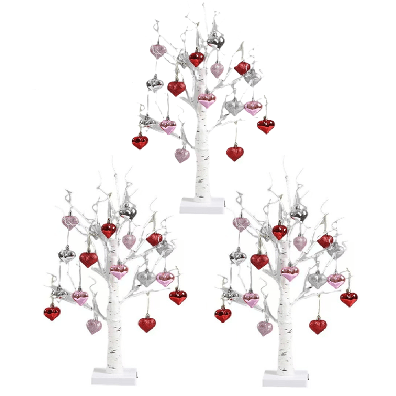LED Tabletop Birch Tree with 18 Heart Ornaments