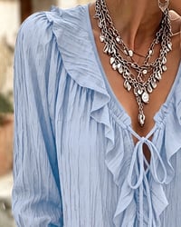 Ruffle Trim Lace-Up Long Sleeve Blouse