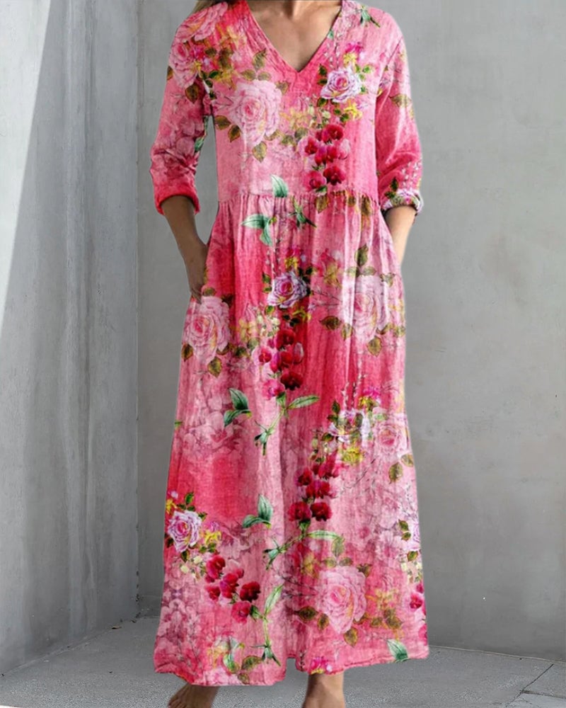 Elegant floral print V-neck pocket dress