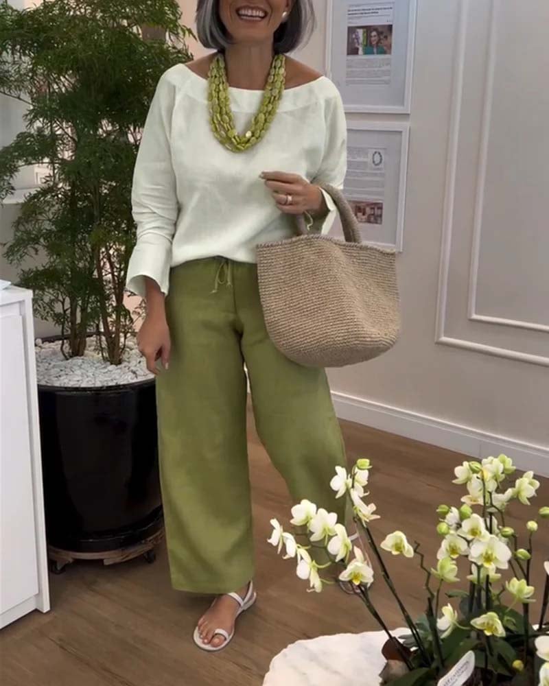 Top Simple avec Col Rond, Couleur Uni et Manches Longues