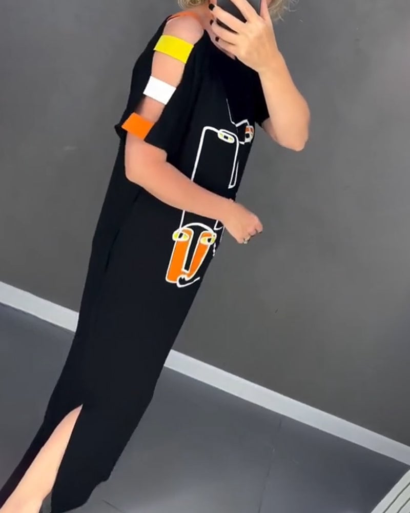 Robe Épaules Dénudées Découpée Imprimé Fente