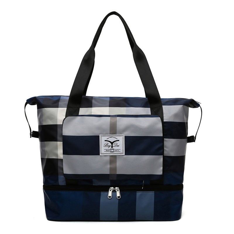 Large ladies Weekender Nylon striped Travel Bag, Tote Bag With zip pocket