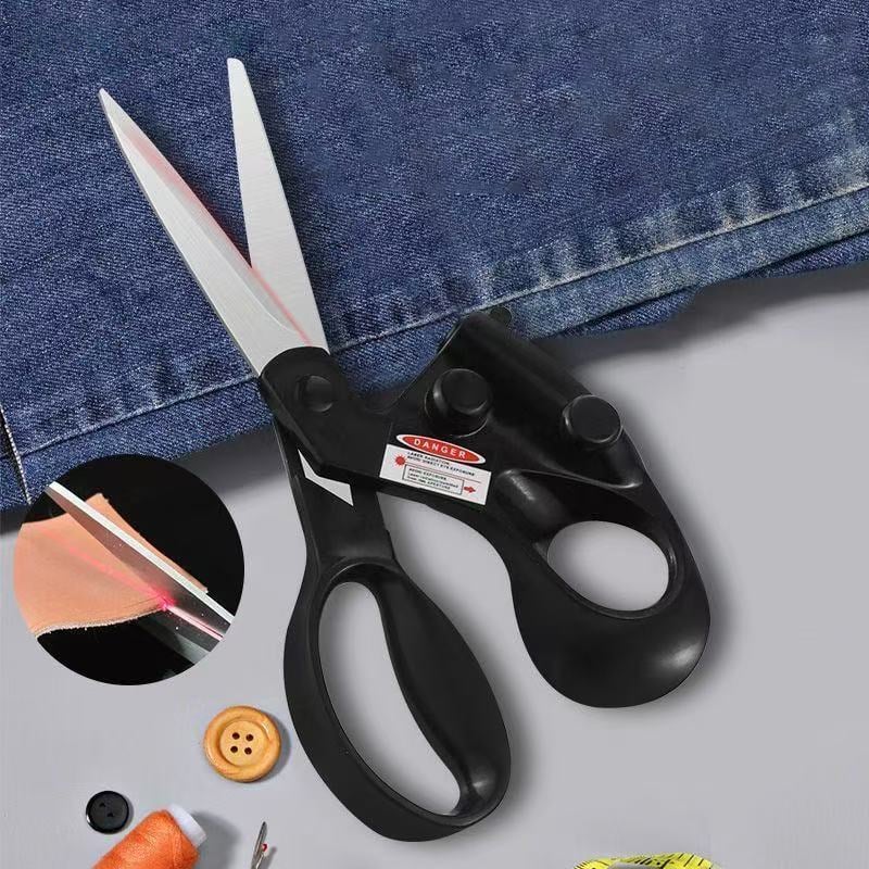 Laser-guided scissors illustrating the red cutting guide line