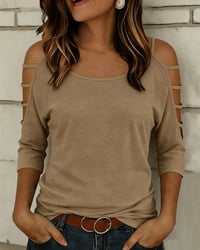 Solid Color Elbow-Length Sleeve Off-Shoulder T-Shirt
