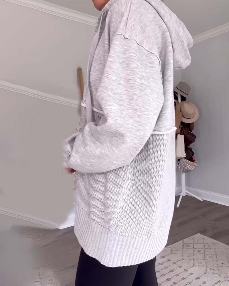 Casual solid color lace-up patchwork hoodie