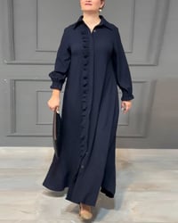 Lantern sleeve button ruffle shirt dress