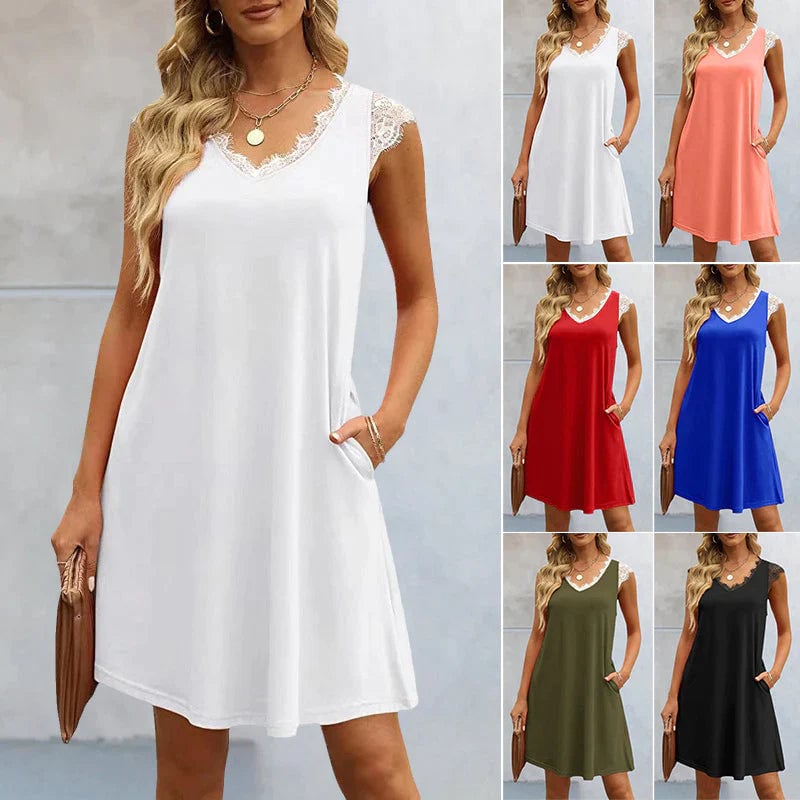 Summer Sleeveless V Neck Casual Lace Dresses with Pockets