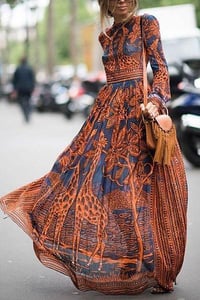 Best Chiffon Print Long-Sleeved Vintage Maxi Dress