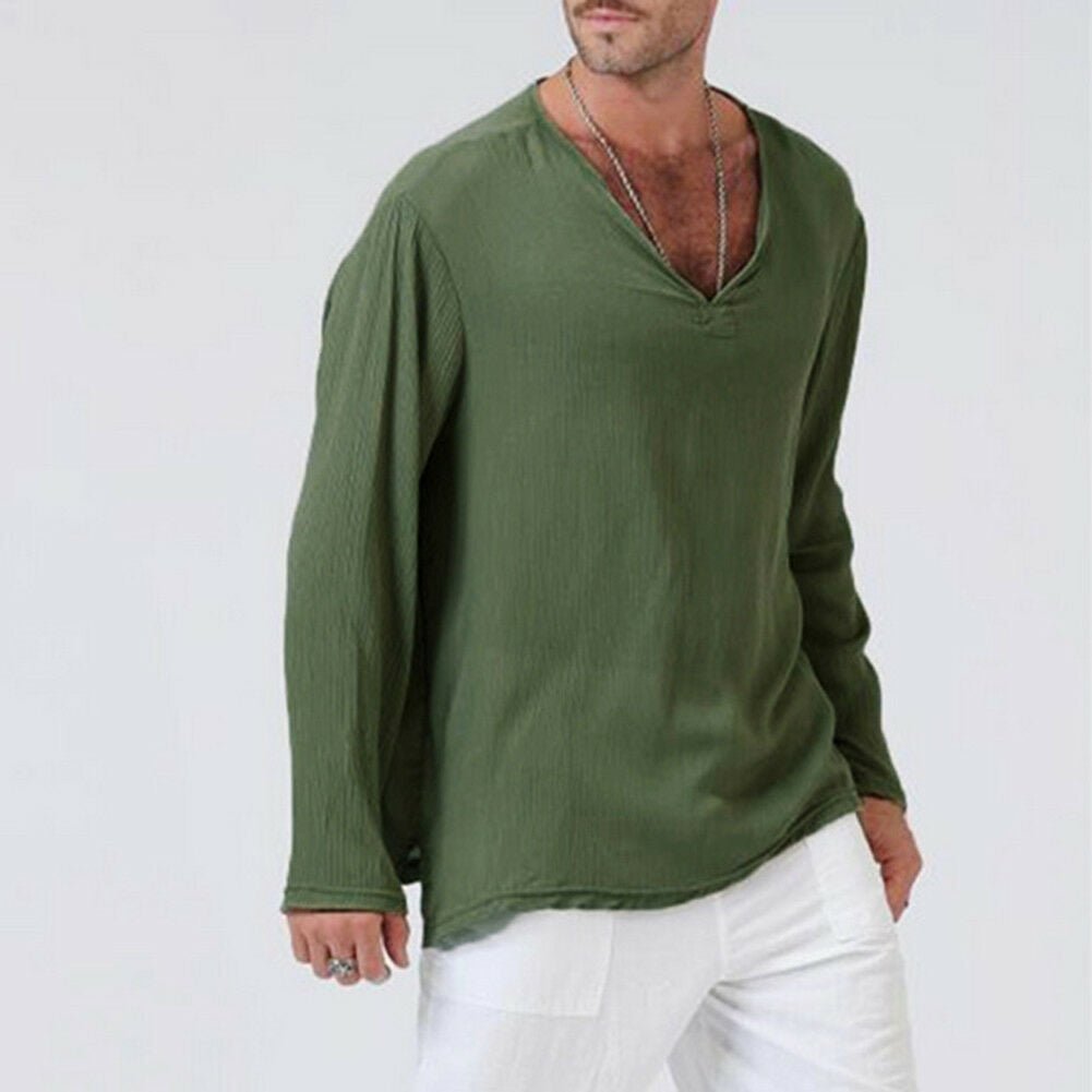 Men's Linen Loose Long Sleeve T-Shirt V-neck Solid Color Top