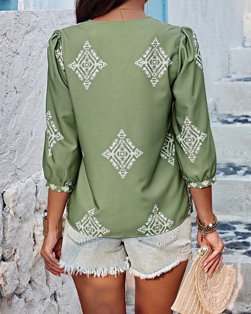 Blouse V-hals Diamantprint Driekwartmouwen