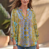 Women's Casual Boho Print V Neck Long Sleeve T-Shirt