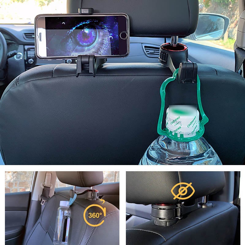 2 In 1 Car Seat Headrest Hook with Phone Holder