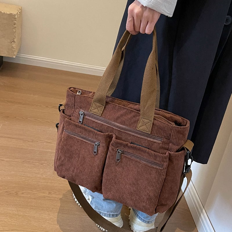 Sac fourre-tout en velours côtelé de couleur unie avec plusieurs compartiments