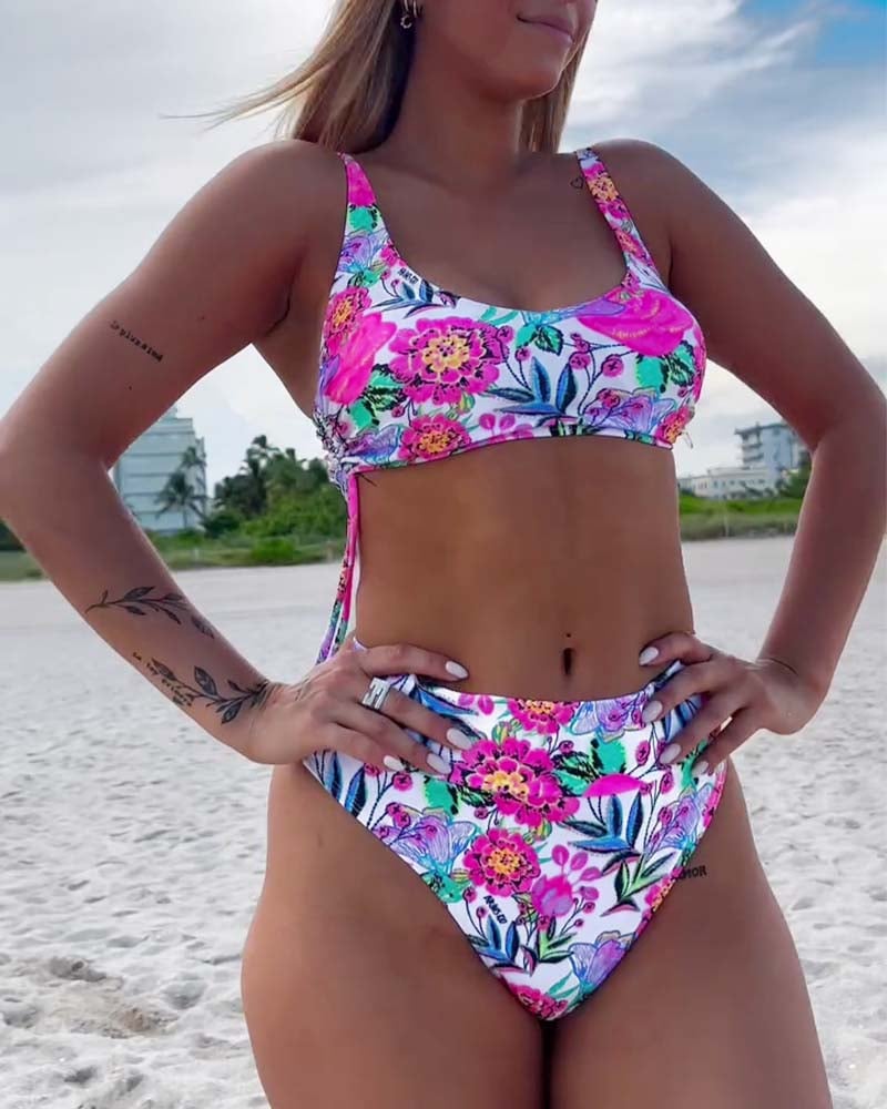 Floral print drawstring bikini swimsuit