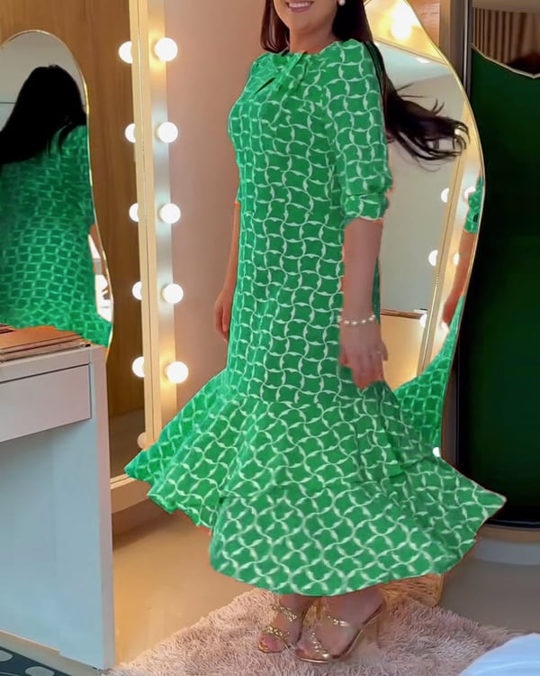 Robe Manches Mi-longues Col Rond Imprimé Taille