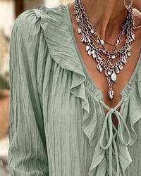 Ruffle Trim Lace-Up Long Sleeve Blouse