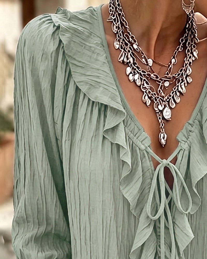 Ruffle Trim Lace-Up Long Sleeve Blouse