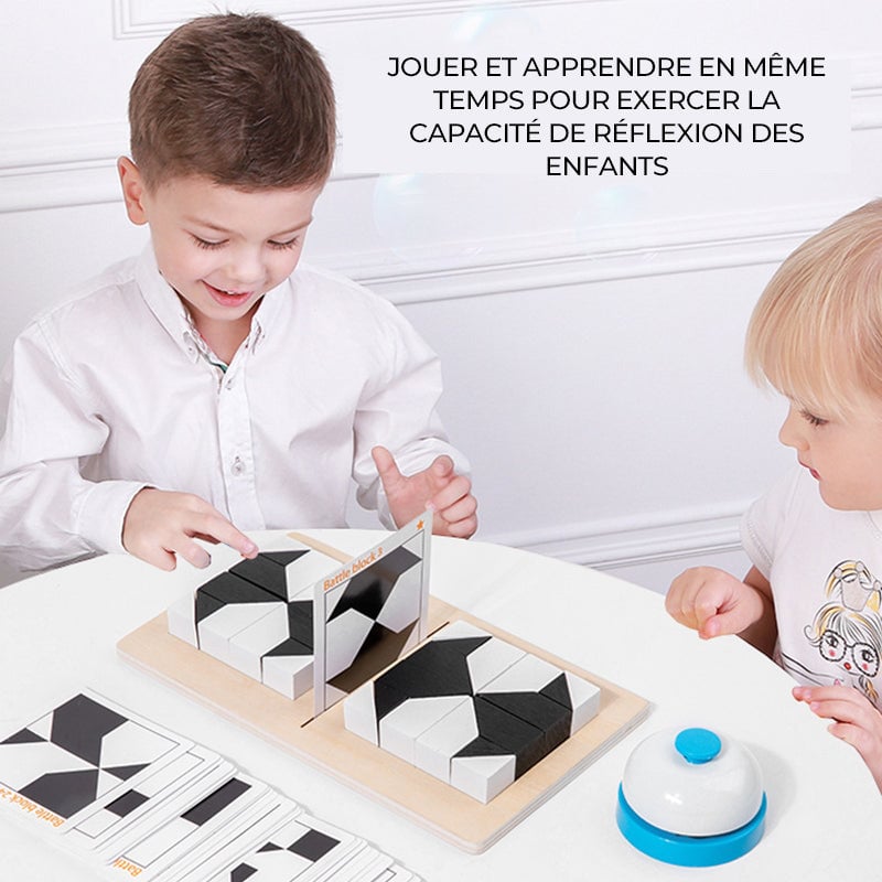 Puzzle géométrique en bois avec blocs cachés et plateau de rangement