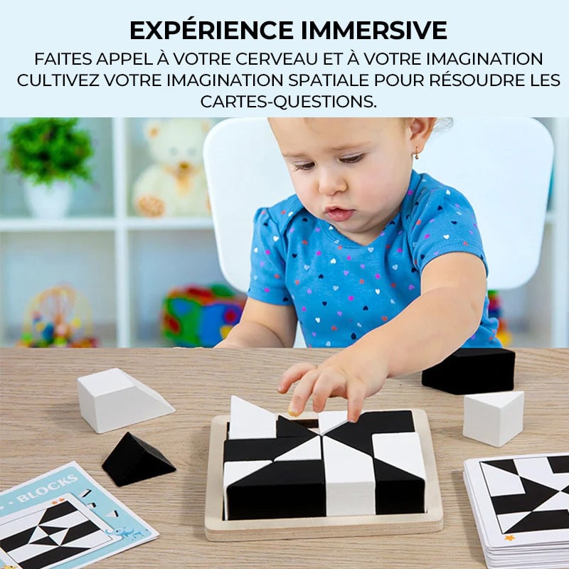Puzzle géométrique en bois avec blocs cachés et plateau de rangement