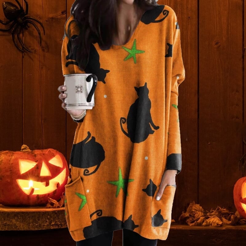 Halloween Cat Pumpkin Long Sleeve Dress