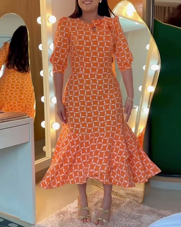 Robe Manches Mi-longues Col Rond Imprimé Taille