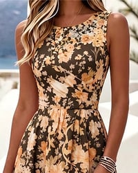 Sleeveless Crew Neck High Waist Printed Dress