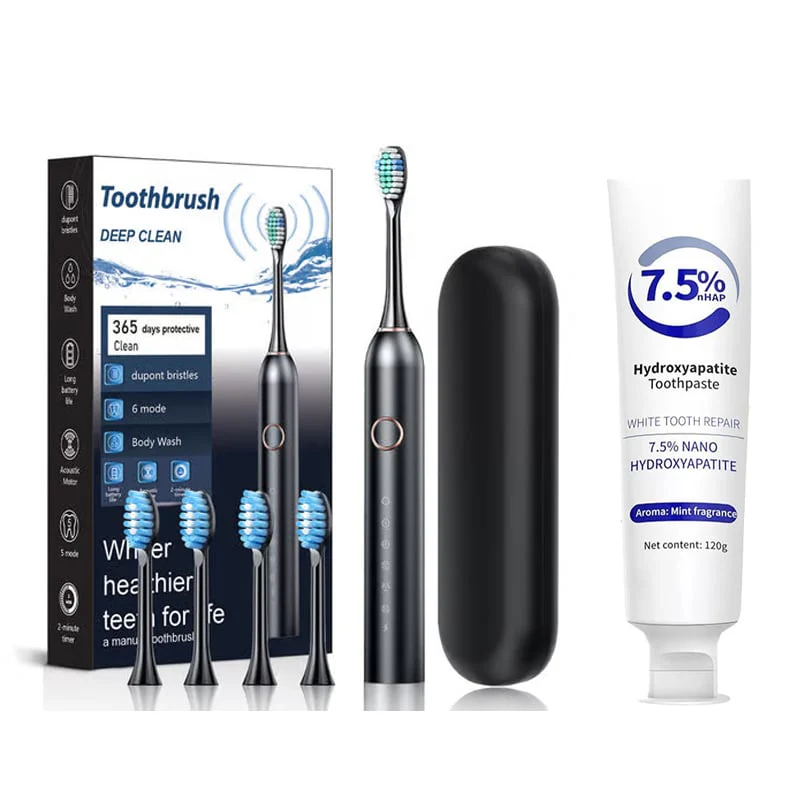 Electric Sonic Toothbrush (Black) + Hydroxyapatite Toothpaste (1 PC)