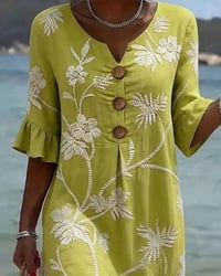 Petite V-Neck Ruffle Three-Quarter Sleeve Dress
