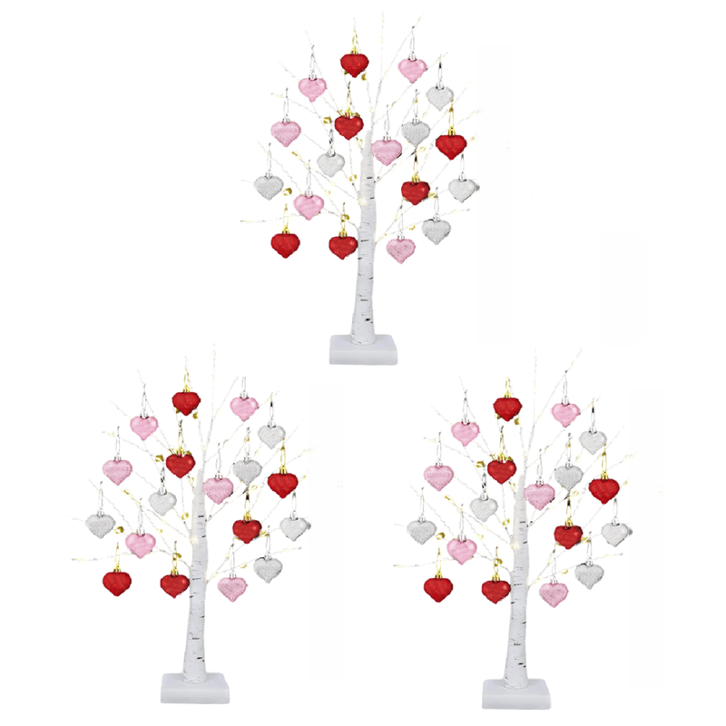 LED Tabletop Birch Tree with 18 Heart Ornaments