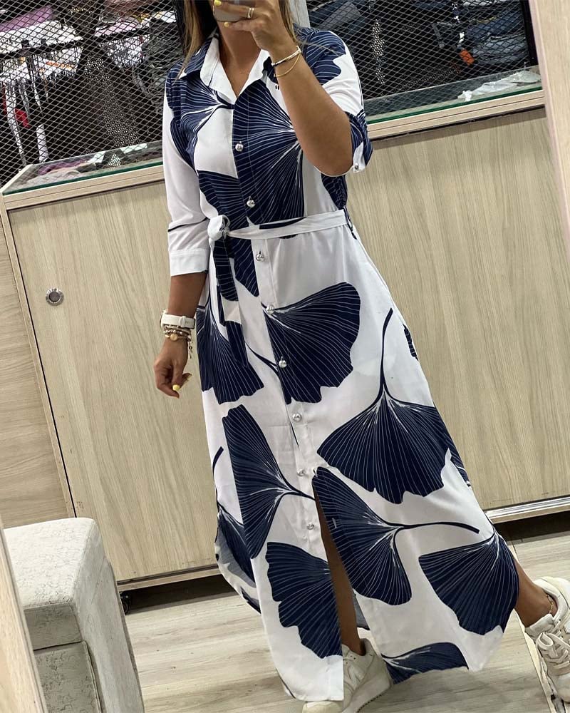 Casual ginkgo leaf print buttoned lace-up dress