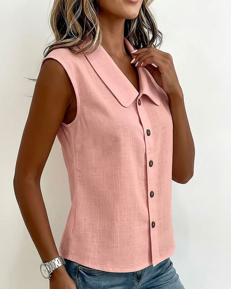 Sleeveless Lapel Linen-Cotton Shirt