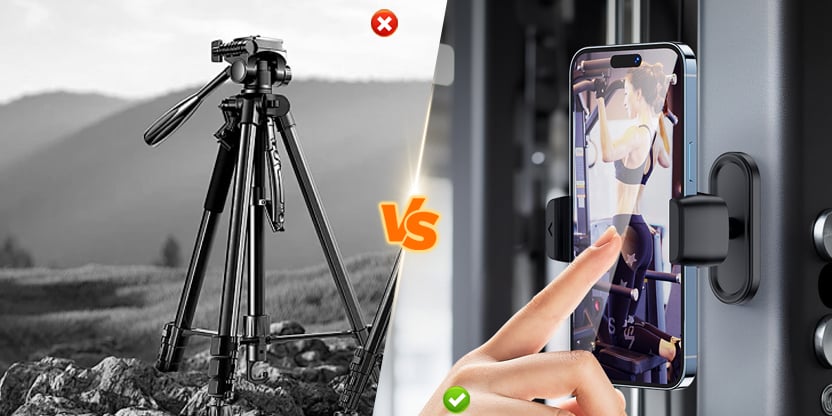 Side by side comparison of magnetic holder fitting in a bag vs a bulky tripod