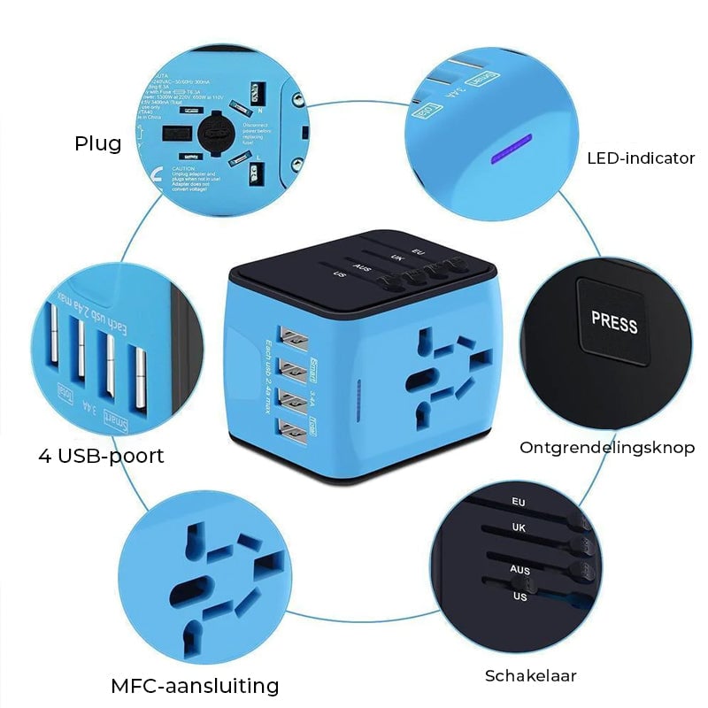 Alles-in-één universele reisstroomadapter