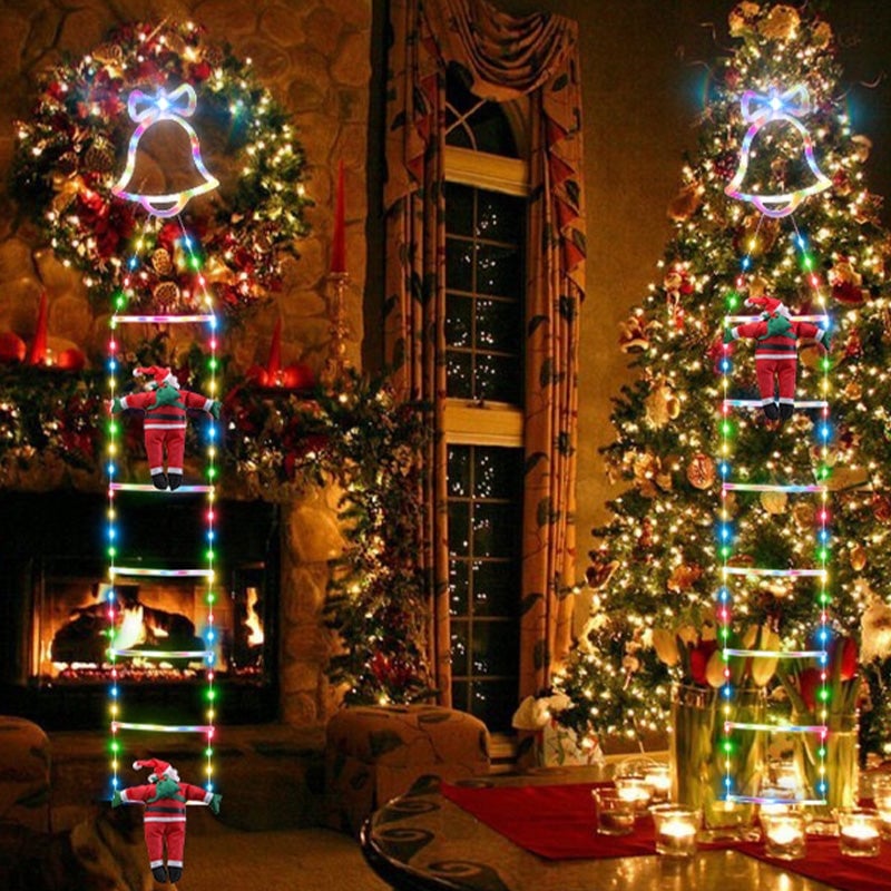 Julstege Med Dekorationsljus Och Tomte