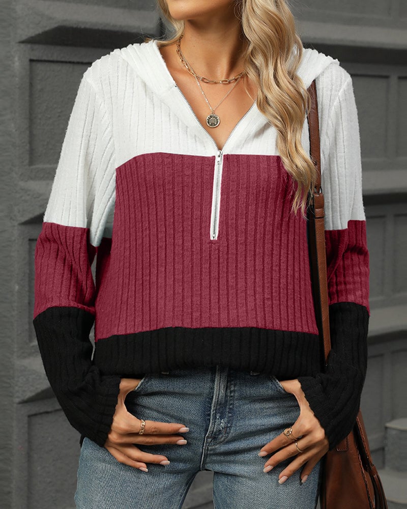 Contrast color zipper ribbed casual hoodie