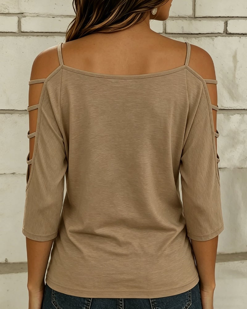 Solid Color Elbow-Length Sleeve Off-Shoulder T-Shirt